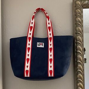 Brighton Navy Tote with Red Heart-Patterned Straps